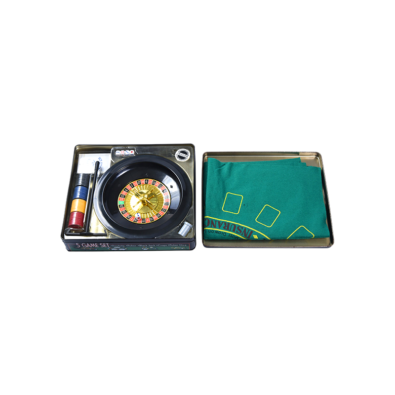 5-u-1 set za kasino igre – rulet, poker, Black Jack, Craps, poker kockice u metalnoj kutiji