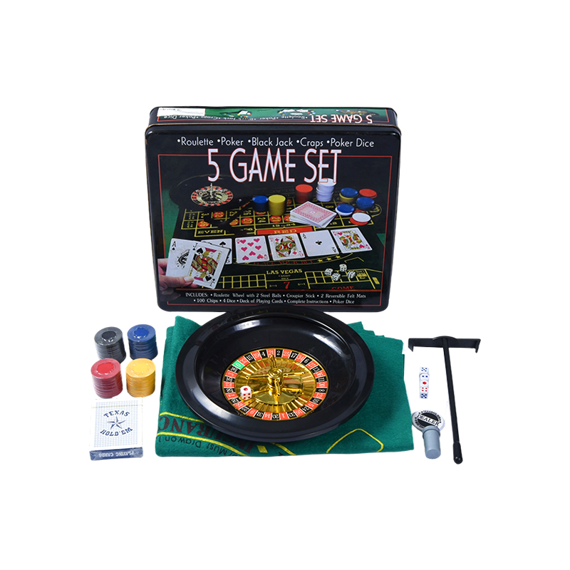 5-u-1 set za kasino igre – rulet, poker, Black Jack, Craps, poker kockice u metalnoj kutiji